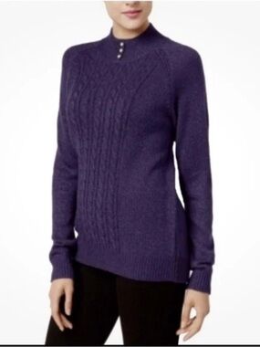 NWT Karen Scott Petite Small Purple Cable Knit Mock Neck Pearl Button Sweater